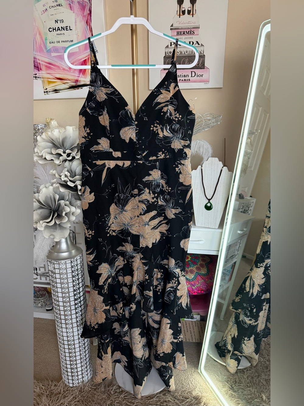 Lulu's Black Maxi Dress with Beige Floral Print